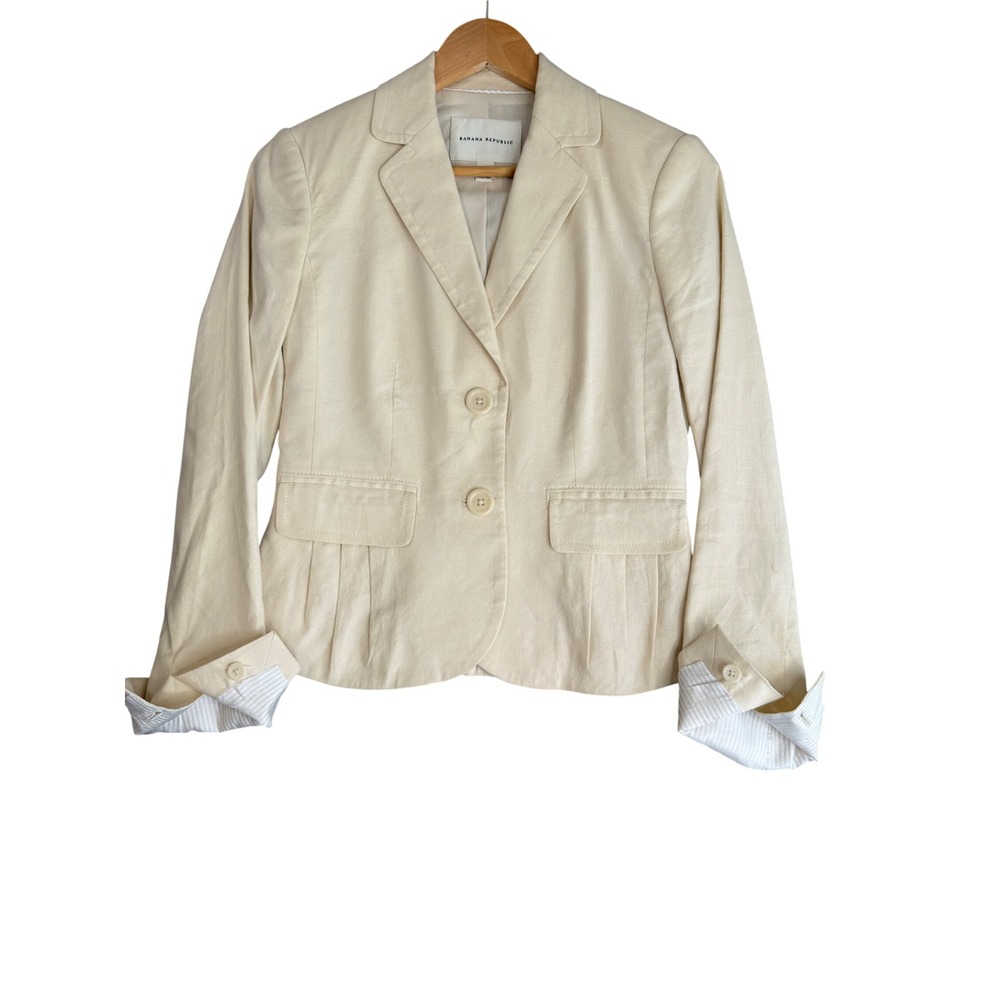 Y2K Banana Republic Linen Flax Blazer Womens 0 Cream Old Money Flare Slit Sleeve